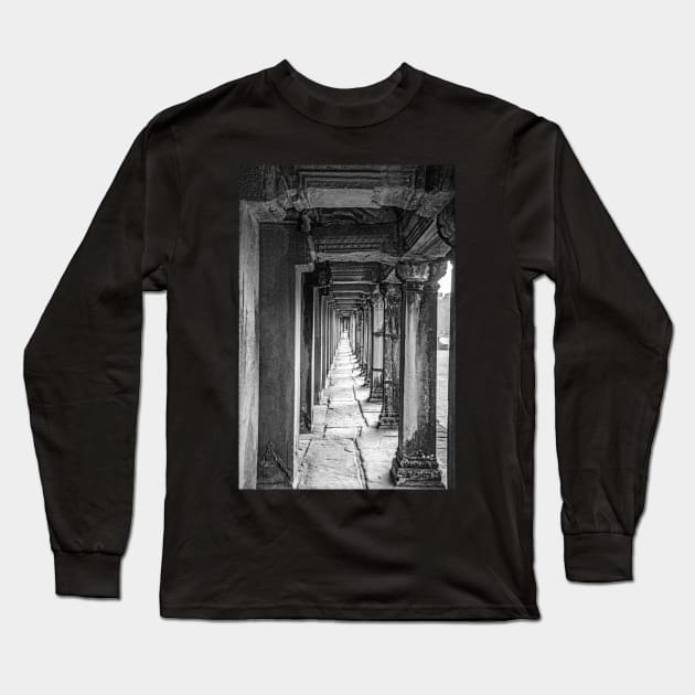 Pillars Along The Gallery, Angkor Wat - BW Long Sleeve T-Shirt by BrianPShaw